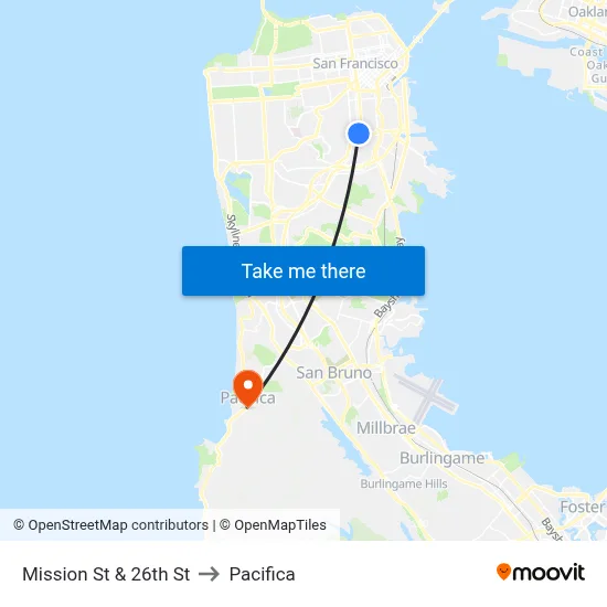 Mission St & 26th St to Pacifica map