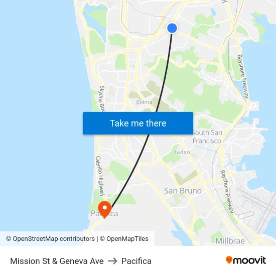 Mission St & Geneva Ave to Pacifica map