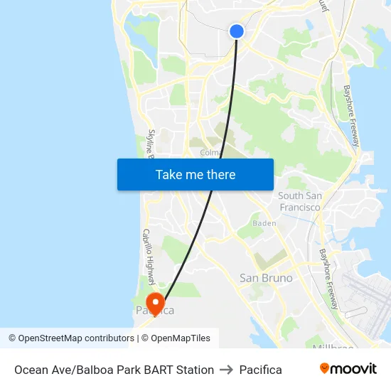 Ocean Ave/Balboa Park BART Station to Pacifica map