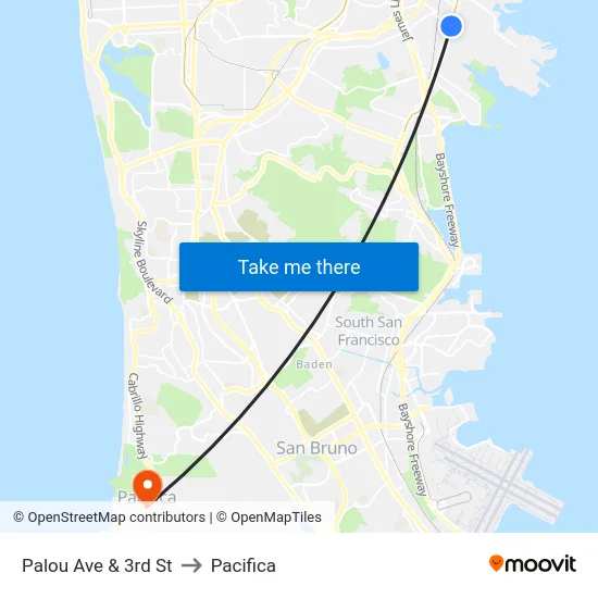 Palou Ave & 3rd St to Pacifica map