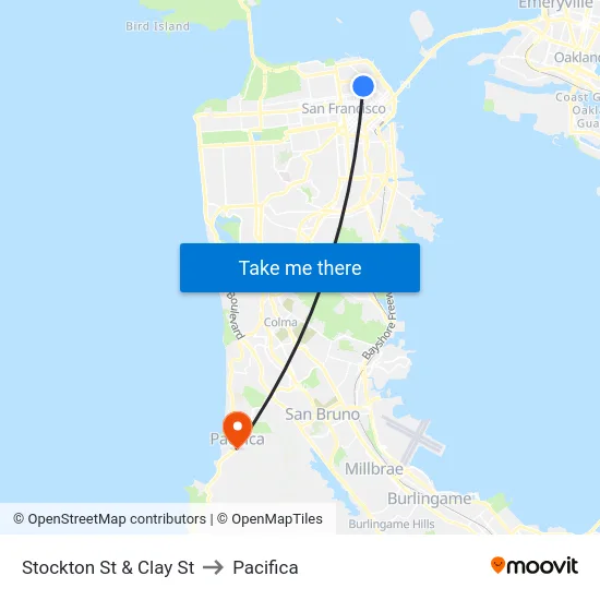 Stockton St & Clay St to Pacifica map