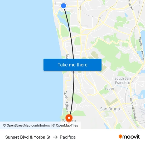 Sunset Blvd & Yorba St to Pacifica map