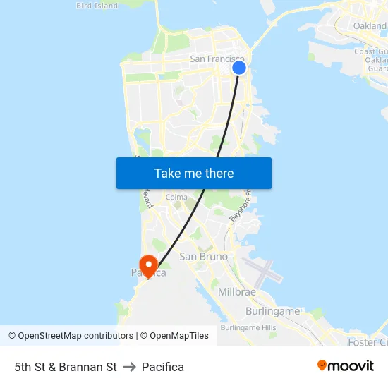 5th St & Brannan St to Pacifica map