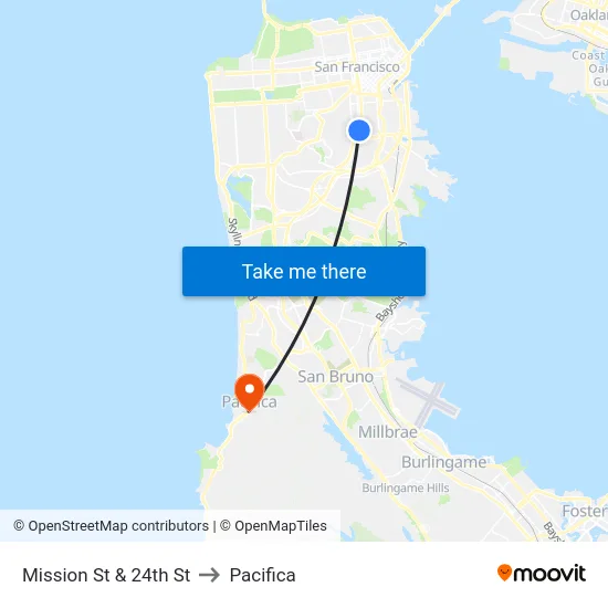 Mission St & 24th St to Pacifica map