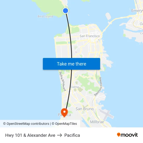 Hwy 101 & Alexander Ave to Pacifica map