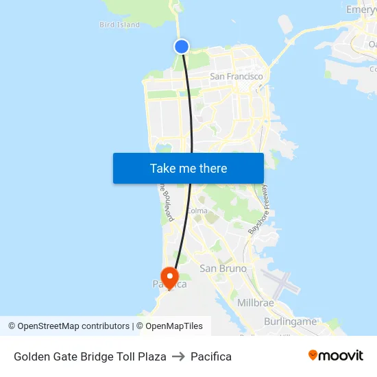 Golden Gate Bridge Toll Plaza to Pacifica map
