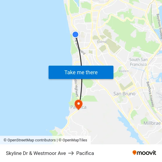 Skyline Dr & Westmoor Ave to Pacifica map