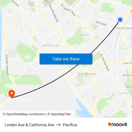 Linden Ave & California Ave to Pacifica map