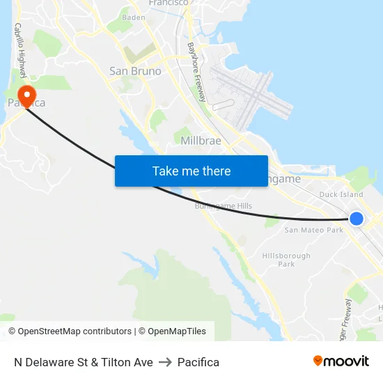 N Delaware St & Tilton Ave to Pacifica map
