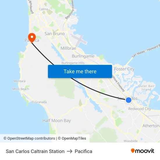 San Carlos Caltrain Station to Pacifica map