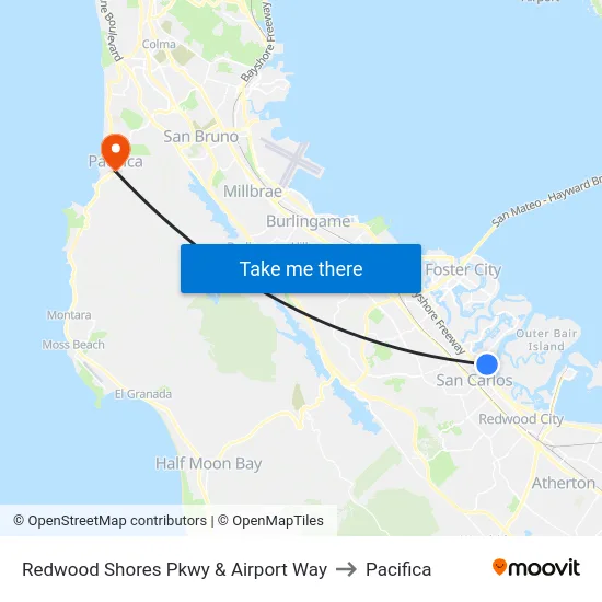 Redwood Shores Pkwy & Airport Way to Pacifica map