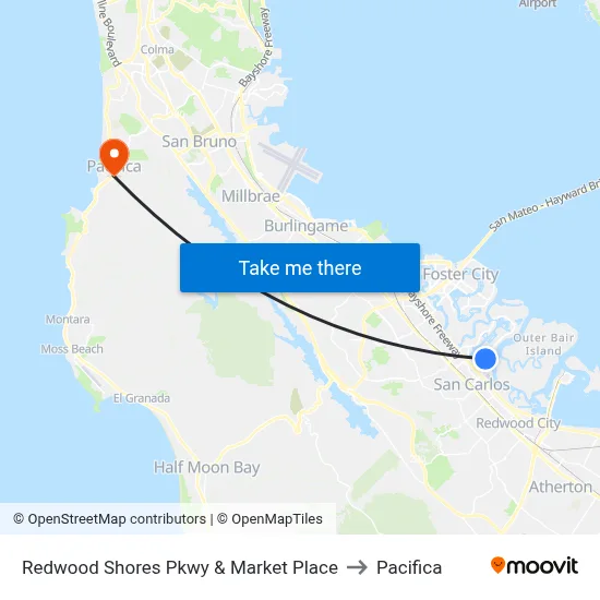 Redwood Shores Pkwy & Market Place to Pacifica map