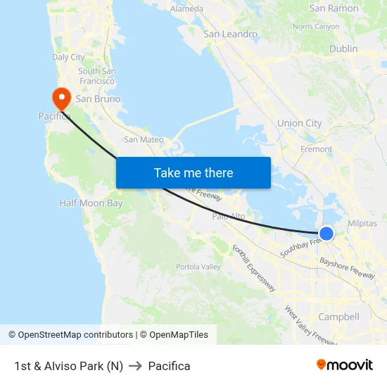 1st & Alviso Park (N) to Pacifica map