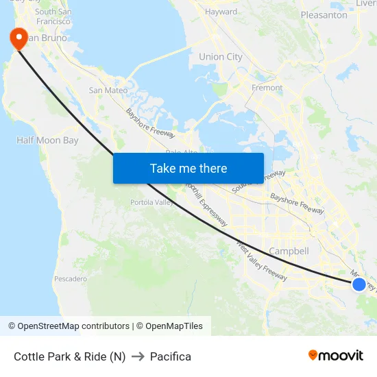 Cottle Park & Ride (N) to Pacifica map