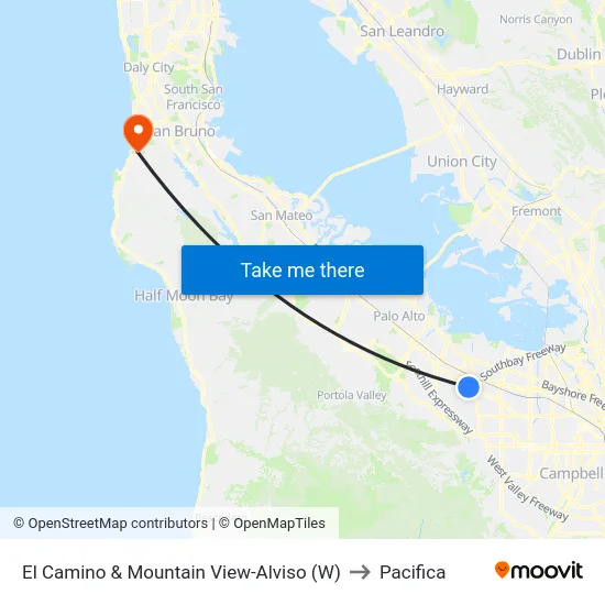 El Camino & Mountain View-Alviso (W) to Pacifica map