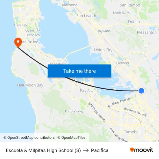 Escuela & Milpitas High School (S) to Pacifica map