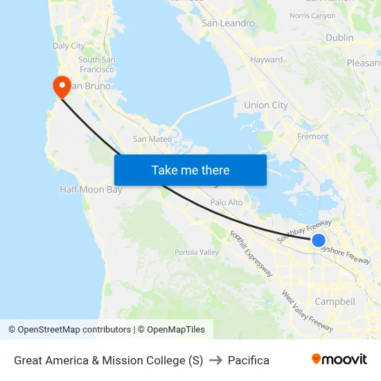 Great America & Mission College (S) to Pacifica map