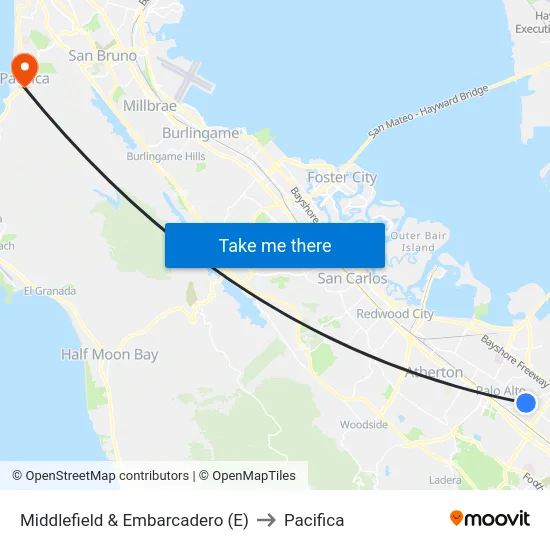 Middlefield & Embarcadero (E) to Pacifica map