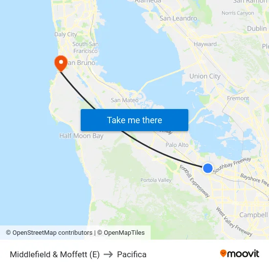 Middlefield & Moffett (E) to Pacifica map