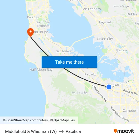 Middlefield & Whisman (W) to Pacifica map