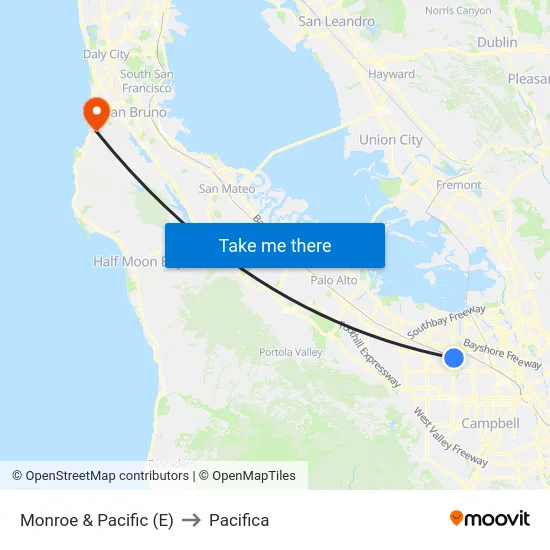 Monroe & Pacific (E) to Pacifica map