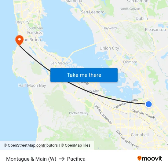 Montague & Main (W) to Pacifica map