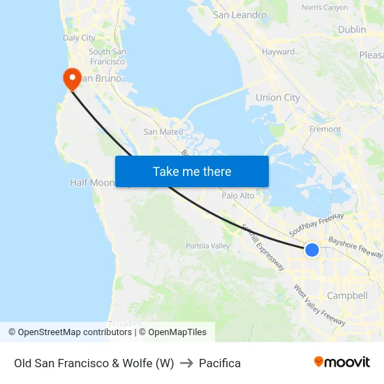 Old San Francisco & Wolfe (W) to Pacifica map
