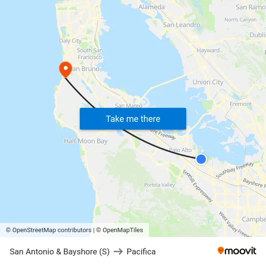 San Antonio & Bayshore (S) to Pacifica map