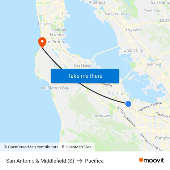 San Antonio & Middlefield (S) to Pacifica map