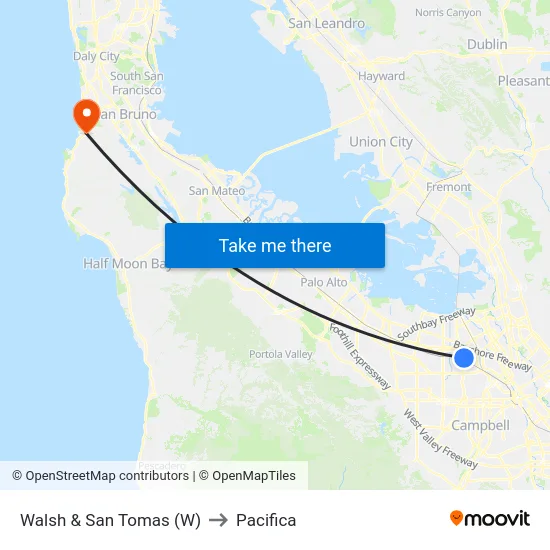 Walsh & San Tomas (W) to Pacifica map