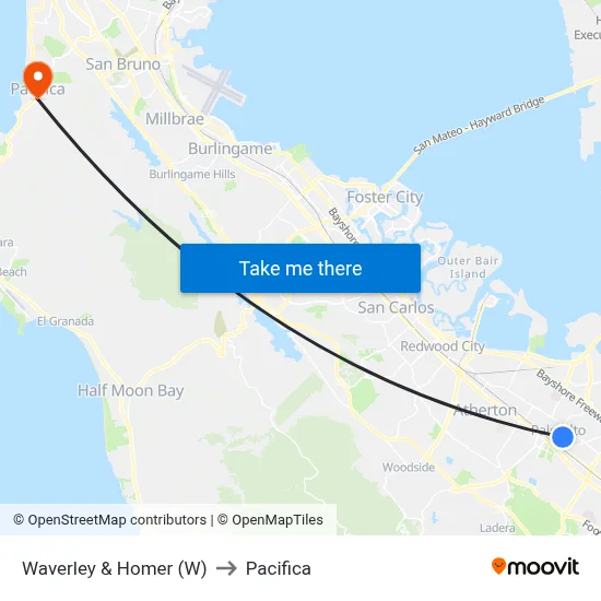 Waverley & Homer (W) to Pacifica map