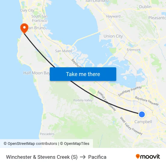 Winchester & Stevens Creek (S) to Pacifica map