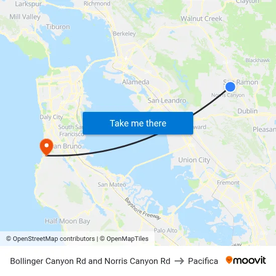 Bollinger Canyon Rd and Norris Canyon Rd to Pacifica map