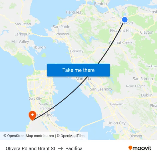 Olivera Rd and Grant St to Pacifica map
