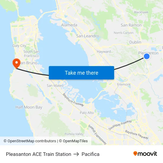 Pleasanton ACE Train Station to Pacifica map