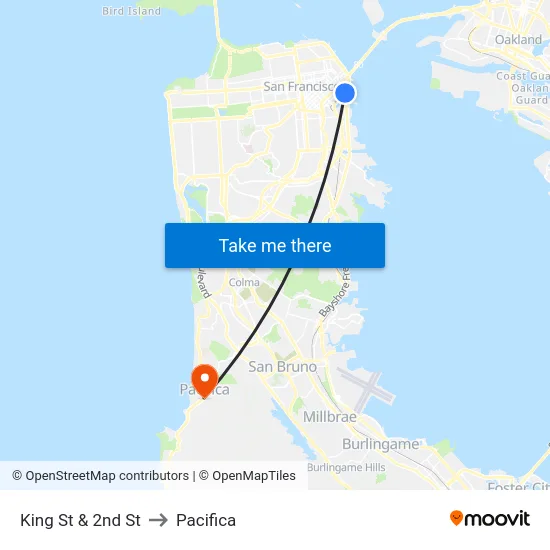 King St & 2nd St to Pacifica map