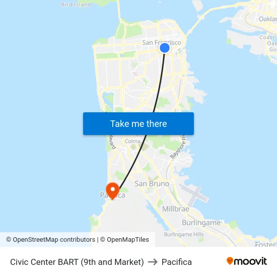 Civic Center BART (9th and Market) to Pacifica map