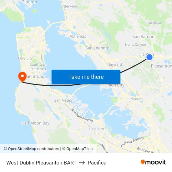 West Dublin/Pleasanton BART to Pacifica map