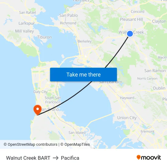 Walnut Creek BART to Pacifica map