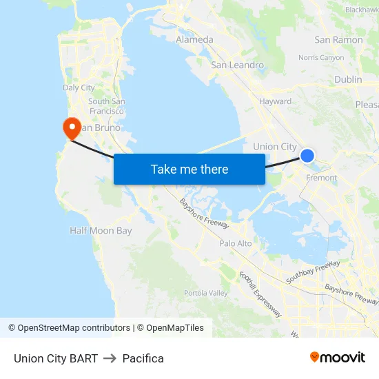Union City BART to Pacifica map