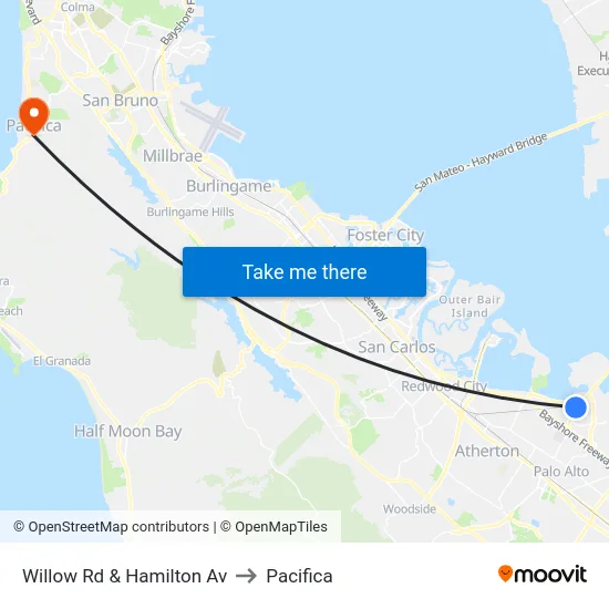 Willow Rd & Hamilton Av to Pacifica map