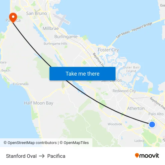 Stanford Oval to Pacifica map