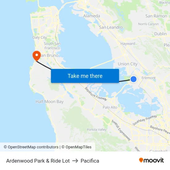 Ardenwood Park & Ride Lot to Pacifica map