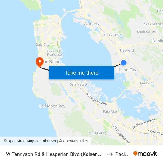 W Tennyson Rd & Hesperian Blvd (Kaiser Hospital) to Pacifica map
