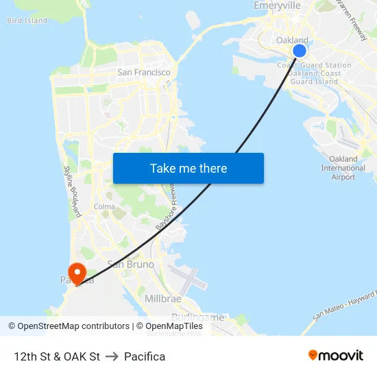 12th St & OAK St to Pacifica map