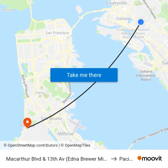 Macarthur Blvd & 13th Av (Edna Brewer Middle Sch.) to Pacifica map