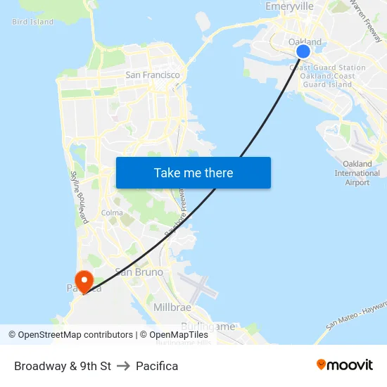 Broadway & 9th St to Pacifica map