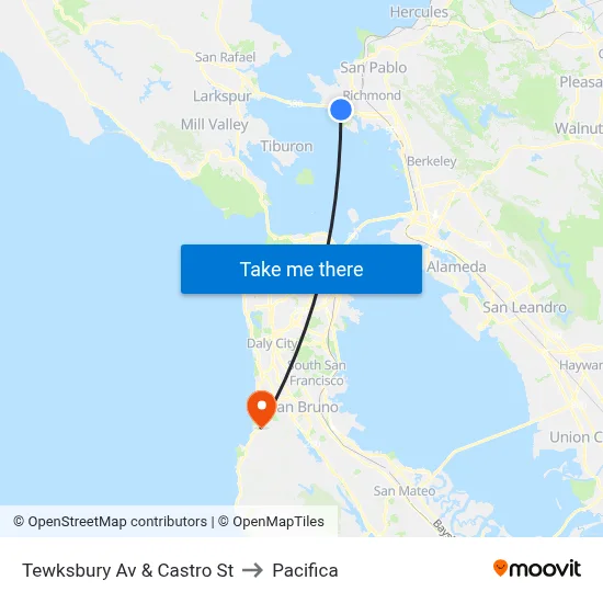 Tewksbury Av & Castro St to Pacifica map