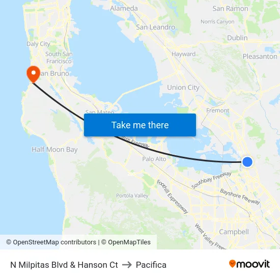 N Milpitas Blvd & Hanson Ct to Pacifica map