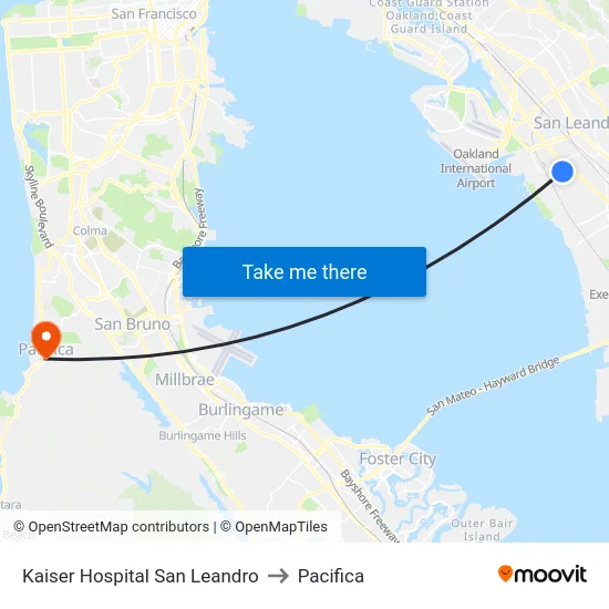 Kaiser Hospital San Leandro to Pacifica map